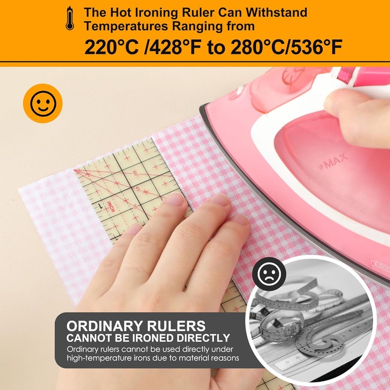 MYLbeter Thin Hot Hem Ruler Rounded Corner Ironing Ruler for Pocket All-in-one Ruler for Sewing Quilting Heat Resistant Non-Slip Hot Ruler Efficient Precise Sewing Tool Seam Guide 10X5inch - Image 3